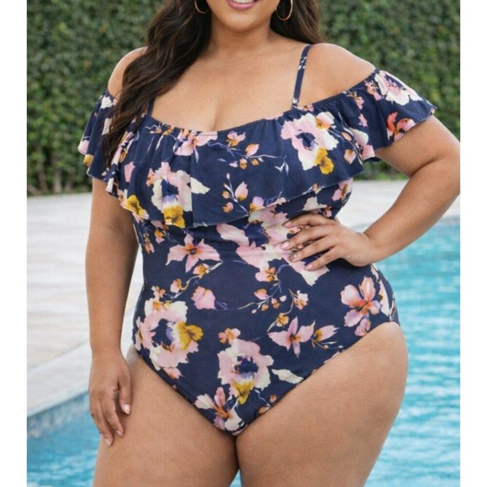 Women's Ruffle Cold Shoulder One Piece Swimsuit - Sea Angel Grey Floral Size 1X